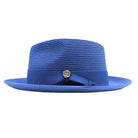 Royal blue Montique fedora hat side view with pinch crown, wide brim, matching ribbon band, and side logo pin