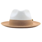 Camel and white Montique fedora hat front view with white woven crown, camel band, and matching camel brim