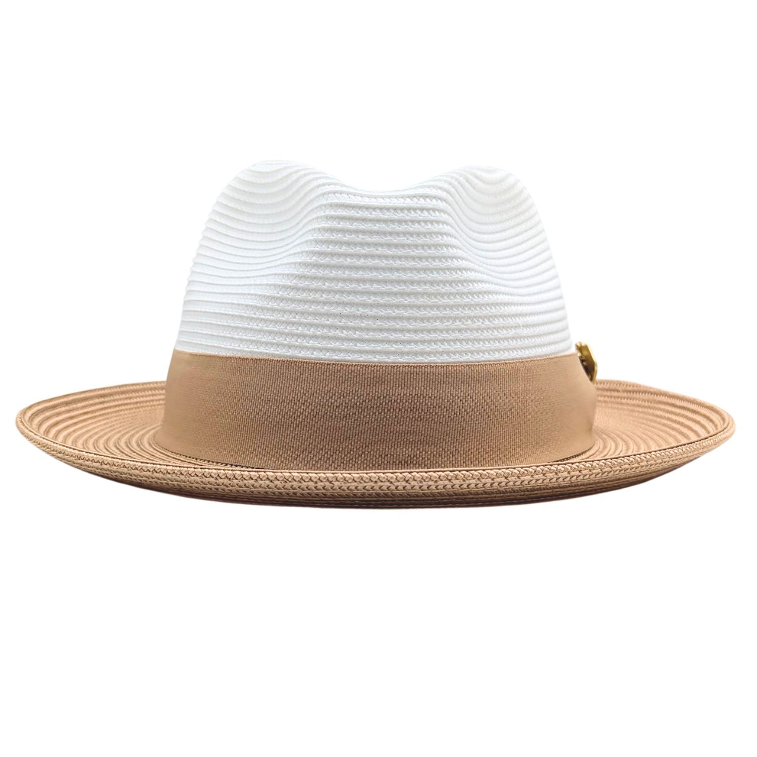 Camel and white Montique fedora hat front view with white woven crown, camel band, and matching camel brim