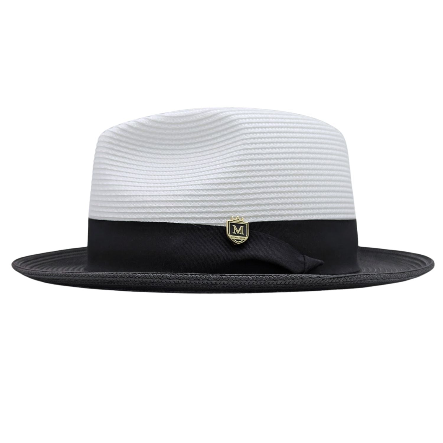 Black and white Montique fedora hat side view with white woven crown, black band, and matching black brim