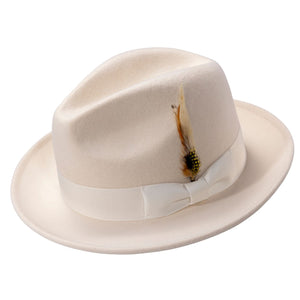Twilique Collection: Montique White Lightfelt 2 ½" Wide Brim Wool Felt Pinch Hat