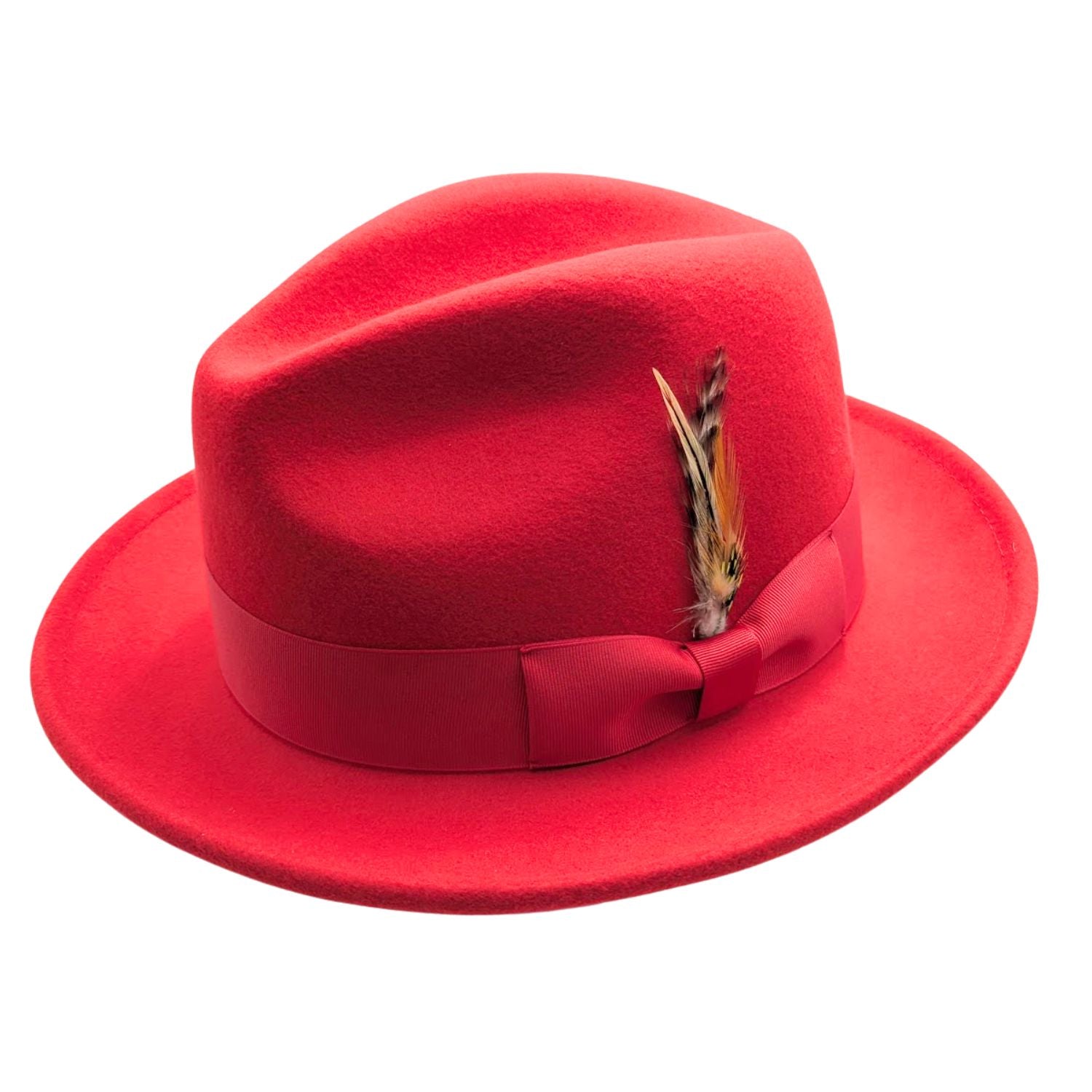 Red wool felt fedora hat front angle with matching ribbon band, feather detail, pinched crown, and wide brim