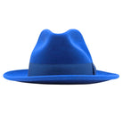Royal blue wool felt fedora hat front view with pinched crown, matching ribbon band, and wide brim