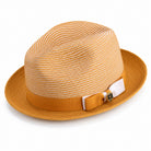 OG gold two-tone stingy brim fedora hat by Montique with contrast bow and crest pin angled view