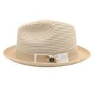 Beige Montique fedora hat side view with matching band, structured woven crown, and beige brim