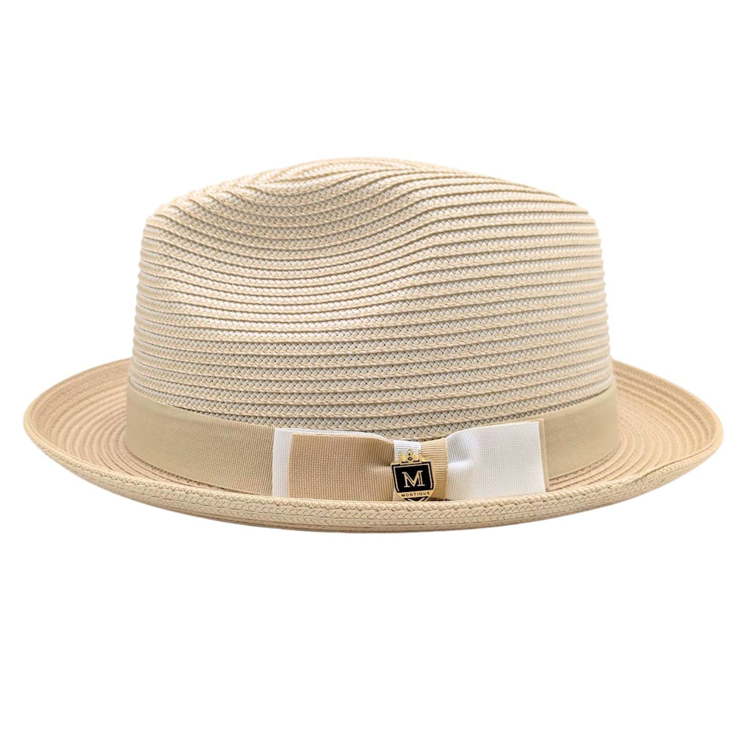 Beige Montique fedora hat side view with matching band, structured woven crown, and beige brim