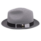 Grey Montique fedora hat side view with grey and white woven crown, grey band, and solid grey brim