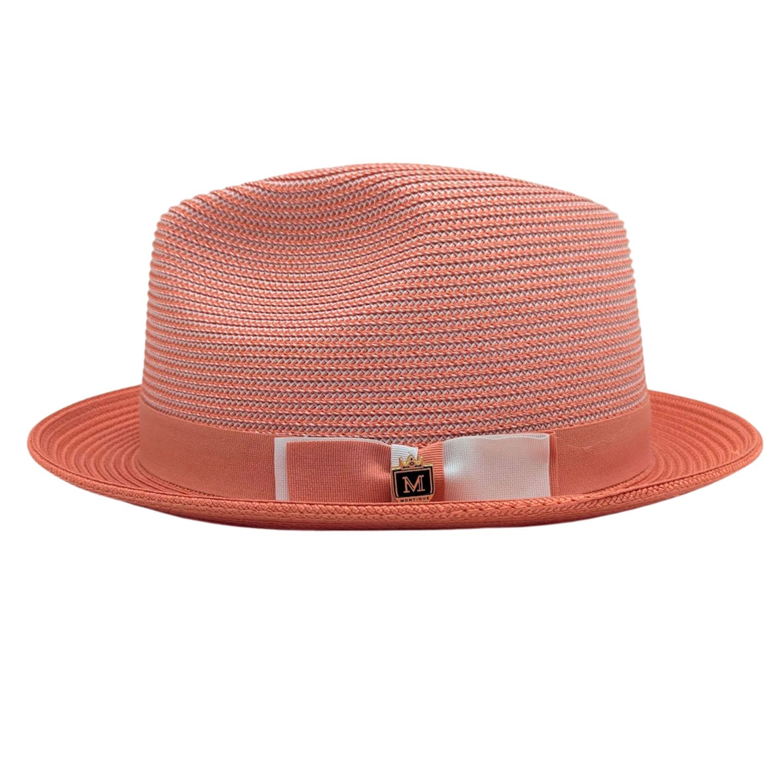 Salmon Montique fedora hat side view with wide brim, two-tone woven crown, matching band, white bow accent, and gold Montique pin