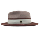 Burgundy and white Montique fedora hat side view with woven crown, white band, burgundy trim, and matching brim