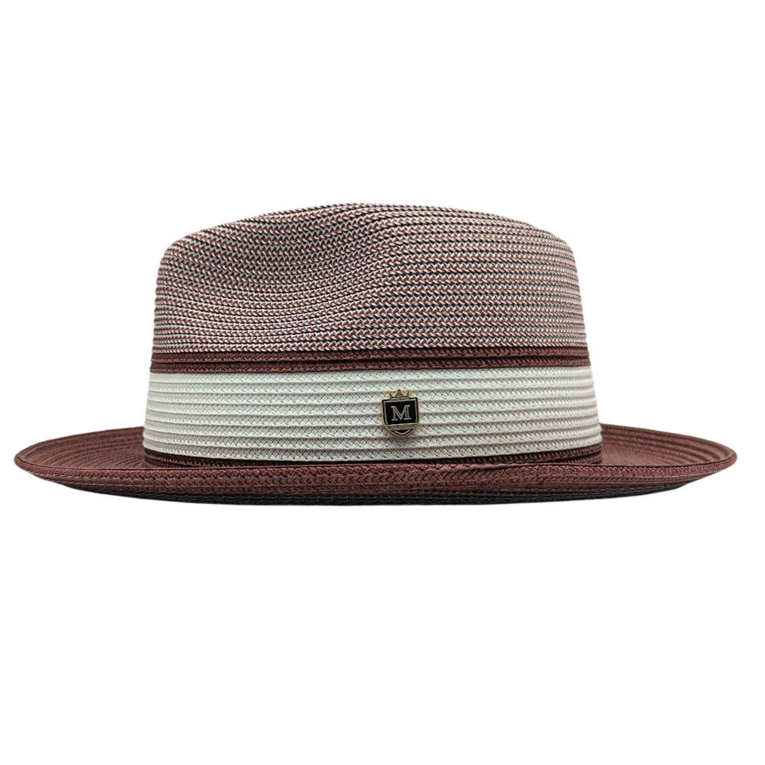 Burgundy and white Montique fedora hat side view with woven crown, white band, burgundy trim, and matching brim