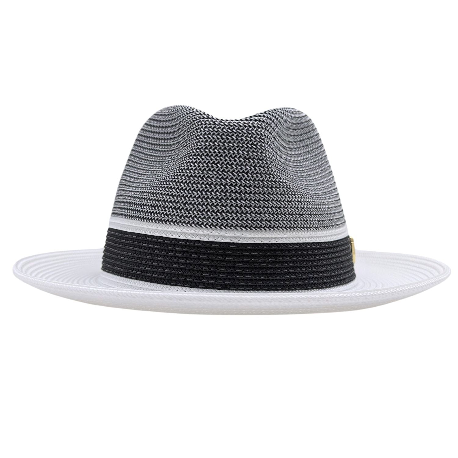 White Montique fedora hat front view with black and white woven crown, black band, white stripe detail, and solid white brim