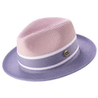 Gunmetal and mauve three-tone men's fedora hat with white stripe accents and signature Montique pin.