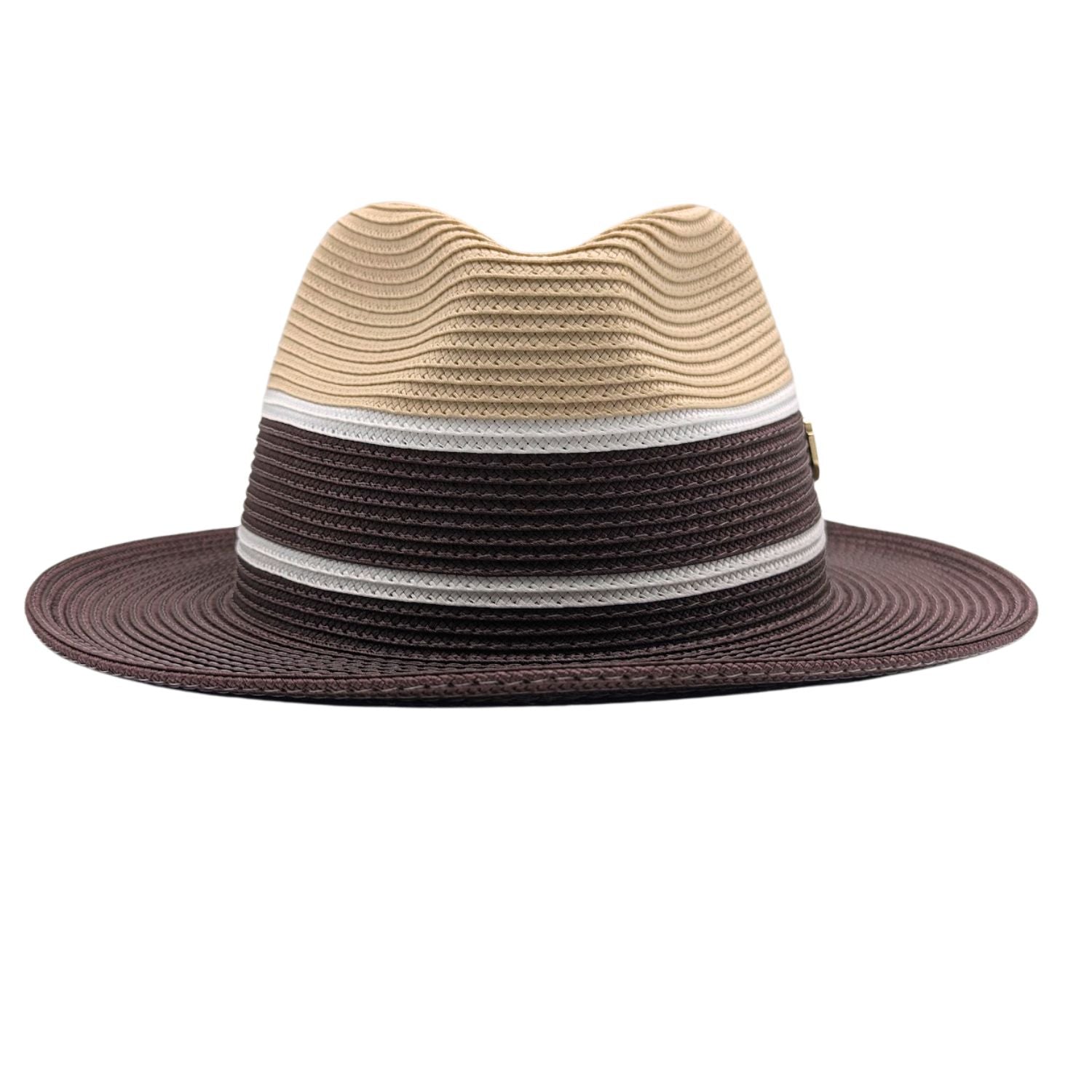 Beige and brown fedora hat front view with beige crown, brown lower band, white stripe accents, and Montique logo pin
