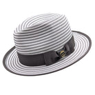 Grey Montique fedora angled view with white and grey striped woven crown, dark grey bow band, logo pin, and medium brim