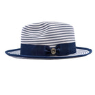 Navy and white Montique fedora side view with striped woven crown, navy band, and matching navy brim trim