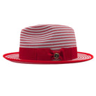 Red and white fedora hat side view with red bow band, striped crown, red brim trim, and Montique pin