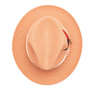 Montique peach straw fedora hat top view showing woven crown, wide brim, and side feather detail