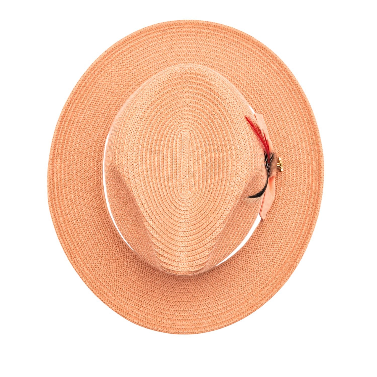 Montique peach straw fedora hat top view showing woven crown, wide brim, and side feather detail