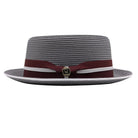 Grey pork pie hat side view with burgundy band, white accent stripe, and Montique pin