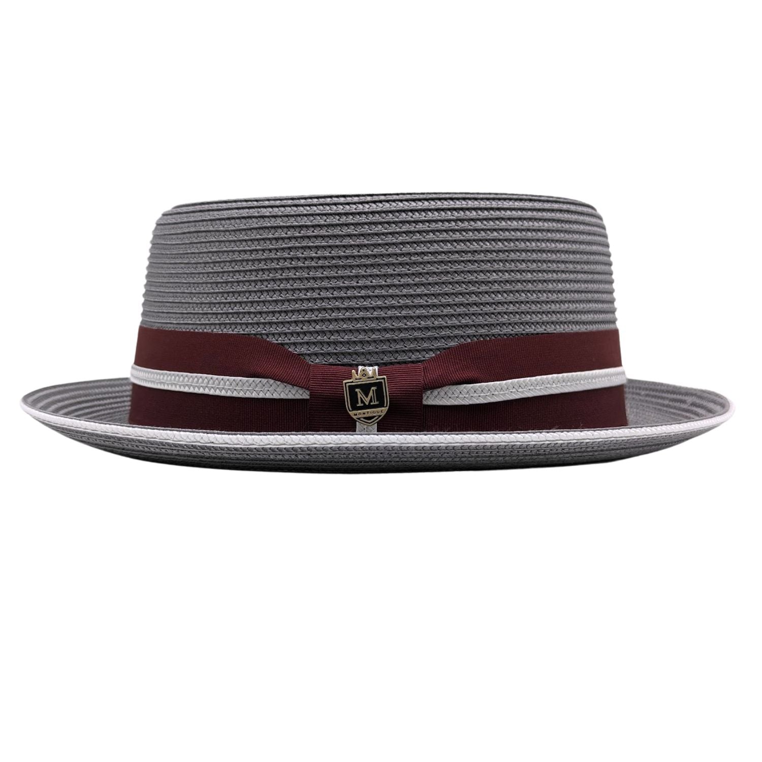 Grey pork pie hat side view with burgundy band, white accent stripe, and Montique pin
