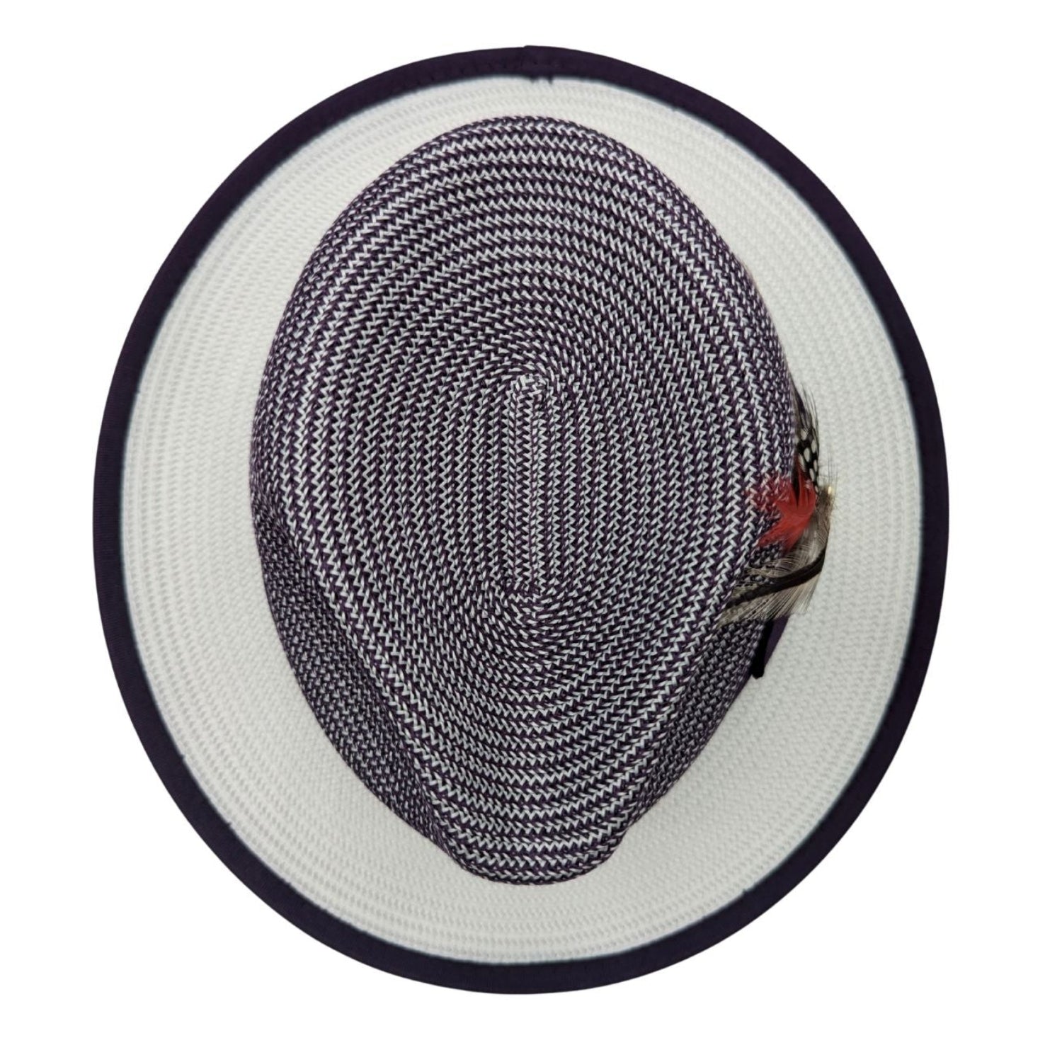 Montique purple and white fedora hat top view with braided crown, white brim, and feather detail