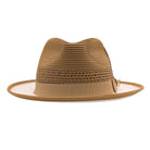 Montique mustard straw fedora hat front view with open weave crown and white brim underside