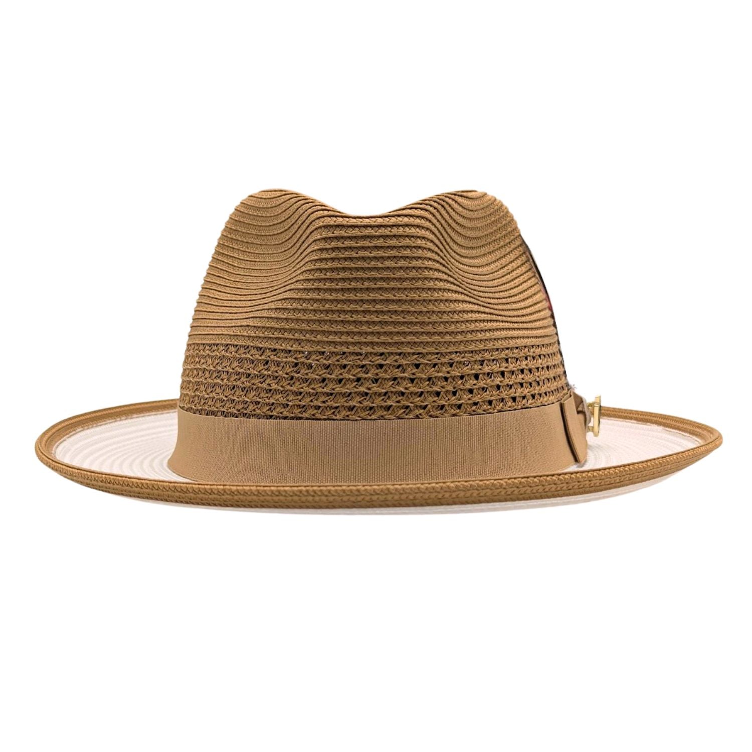 Montique mustard straw fedora hat front view with open weave crown and white brim underside