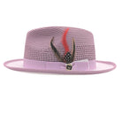 Lavender and white fedora hat side view with lavender woven crown, white brim, matching bow, feather accent, and Montique pin
