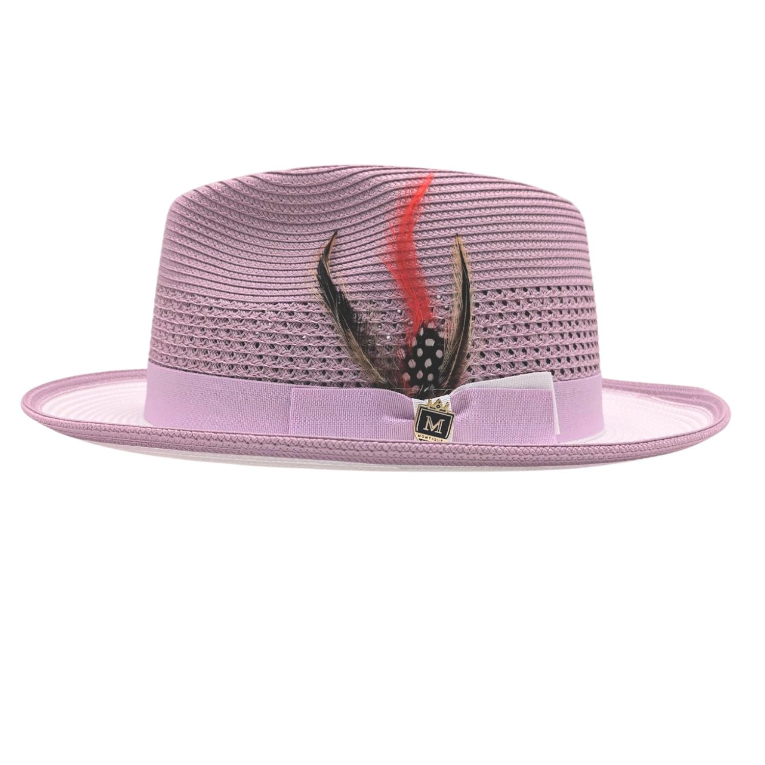 Lavender and white fedora hat side view with lavender woven crown, white brim, matching bow, feather accent, and Montique pin