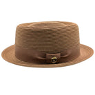 cappuccino straw pork pie hat side view with matching ribbon band and logo pin