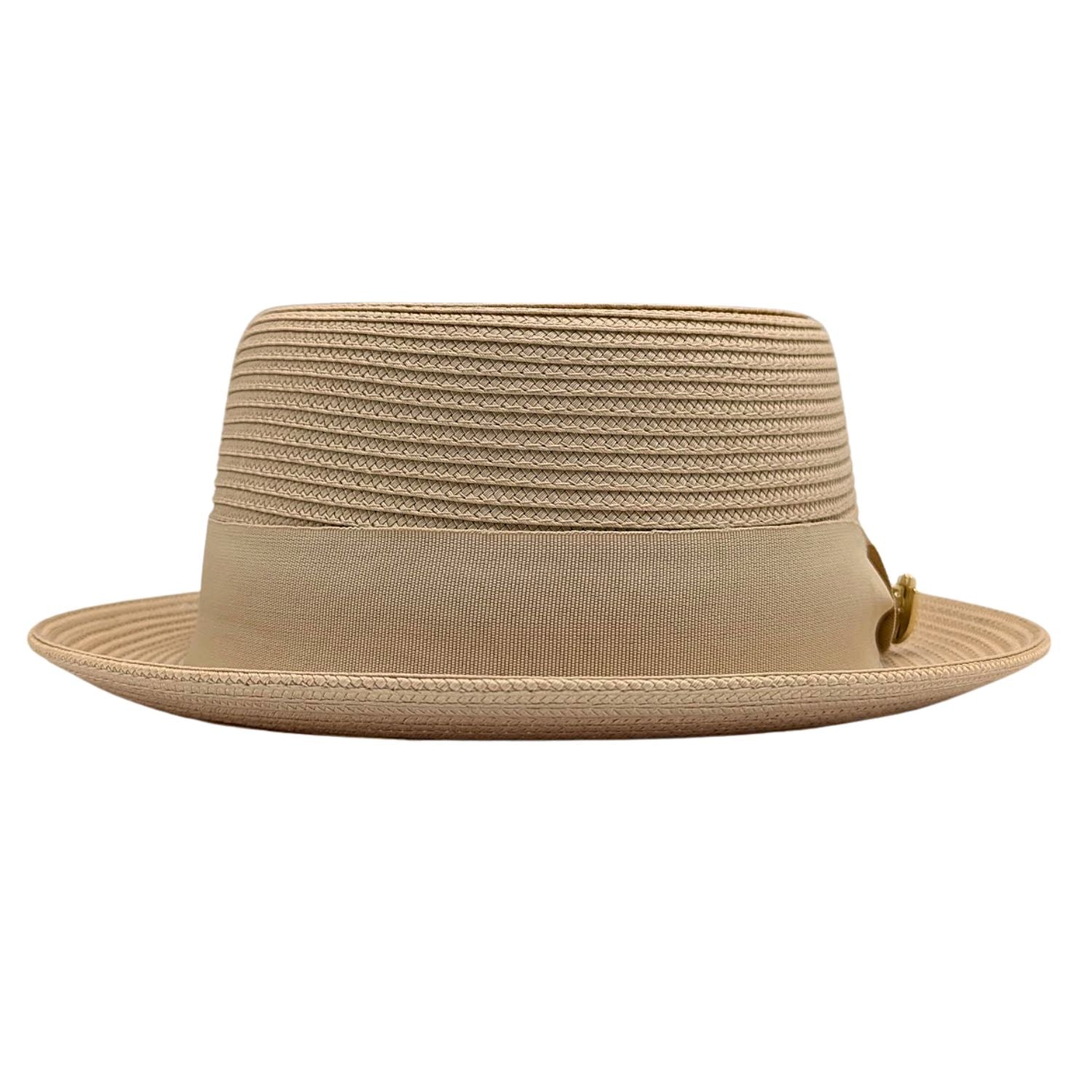 Beige Montique pork pie hat front view with flat crown, matching grosgrain ribbon bow, and logo pin