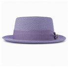 Gunmetal Montique pork pie hat front view with flat crown, matching grosgrain band, bow, logo pin, and short brim