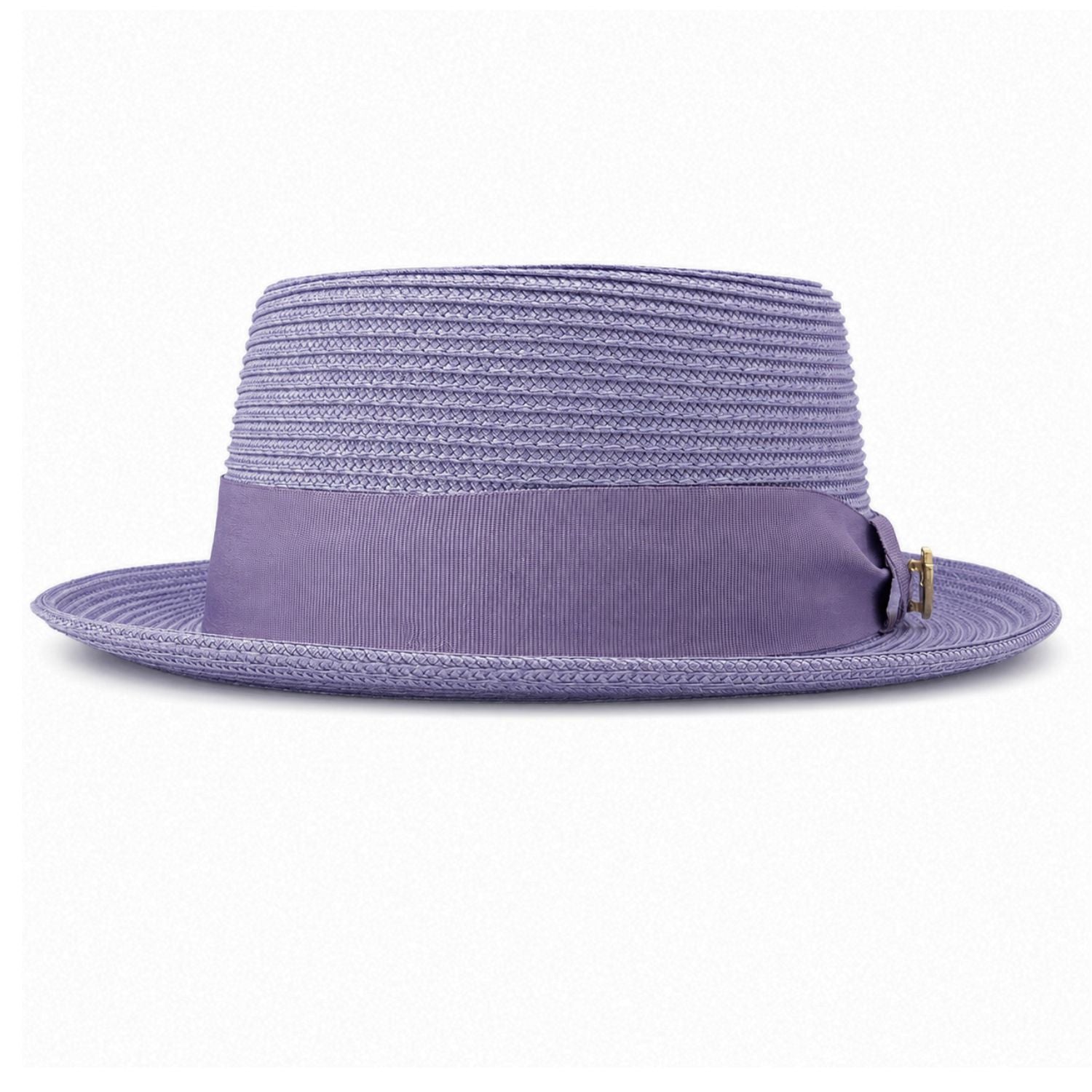Gunmetal Montique pork pie hat front view with flat crown, matching grosgrain band, bow, logo pin, and short brim
