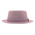 Mauve Montique pork pie hat front view with flat crown, matching grosgrain band, bow, logo pin, and short brim