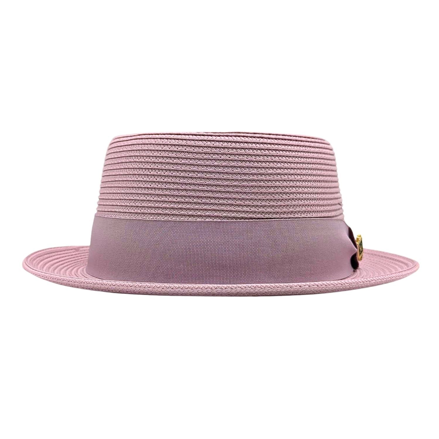 Mauve Montique pork pie hat front view with flat crown, matching grosgrain band, bow, logo pin, and short brim