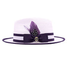 White and purple Montique fedora side view with open crown, purple ribbon bow, feather detail, and purple brim trim