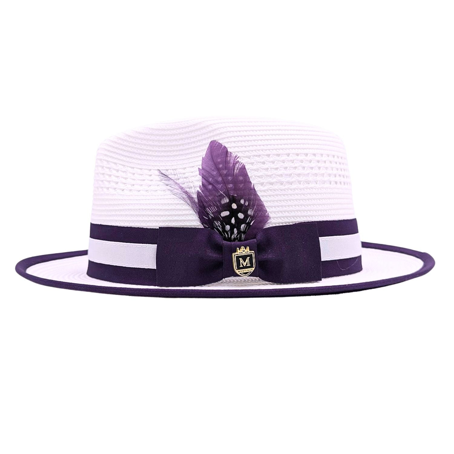 White and purple Montique fedora side view with open crown, purple ribbon bow, feather detail, and purple brim trim