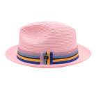 Montique pink straw fedora hat side view with multicolor striped band, wide brim, woven crown, and gold logo pin