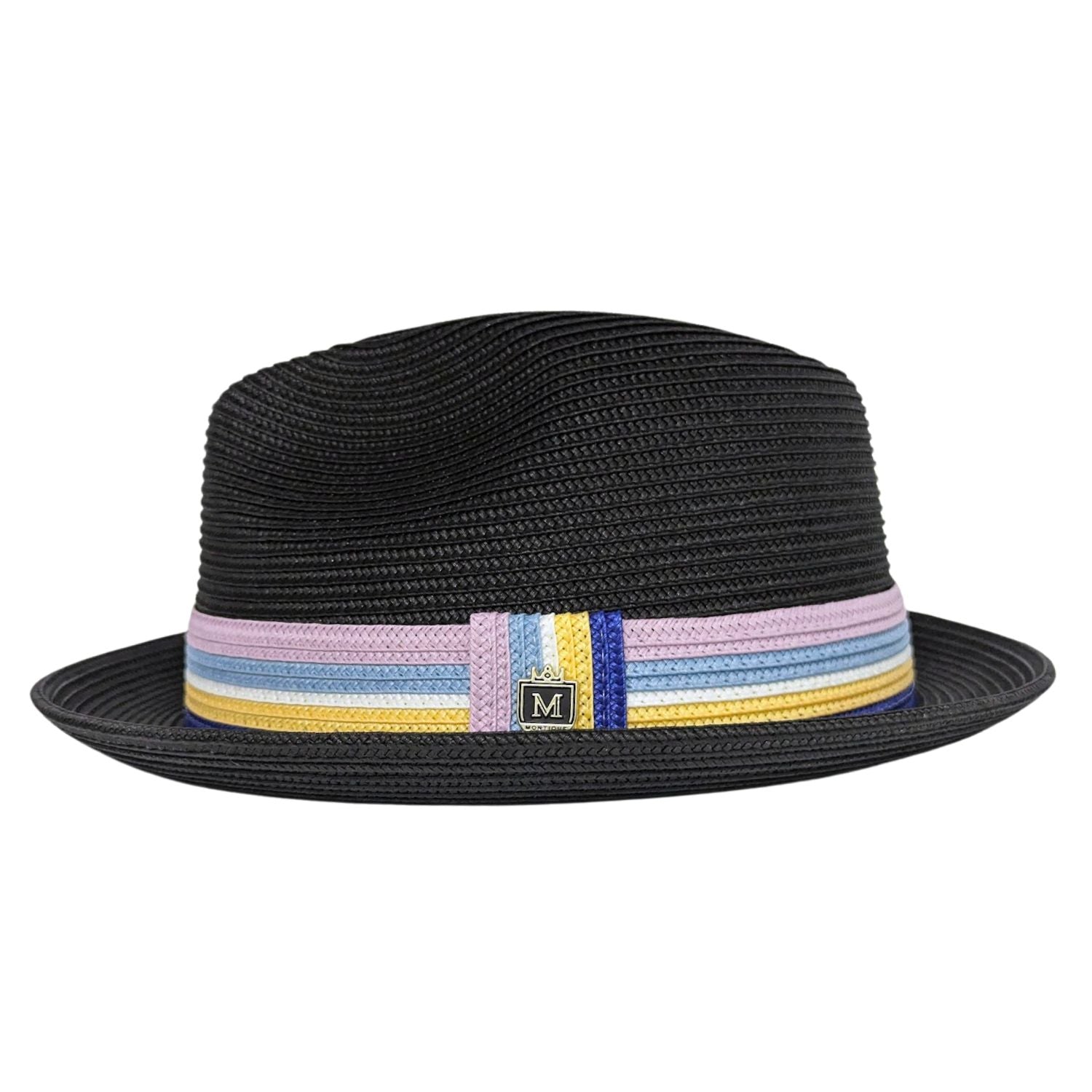 Black fedora hat side view with multicolor striped band, woven crown, and Montique pin