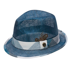 Teal Sinamay Fedora with Plaid Brim Edging and Feather Accent by Montique