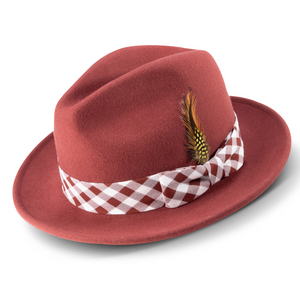 Calico Collection: Montique Brick 2 ½" Brim Wool Pinch Fedora With Matching Plaid Ribbon Hat H2362