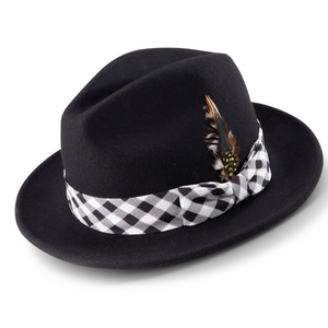 Calico Collection: Montique Black 2 ½" Brim Wool Pinch Fedora With Matching Plaid Ribbon Hat