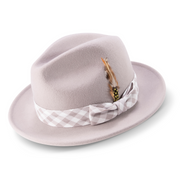 Calico Collection: Montique Ash Grey 2 ½" Brim Wool Pinch Fedora With Matching Plaid Ribbon Hat