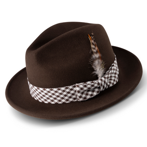 Blotchy Collection: Montique Brown 2 ½" Brim Wool Pinch Fedora With Matching Plaid Ribbon Hat H2367/86