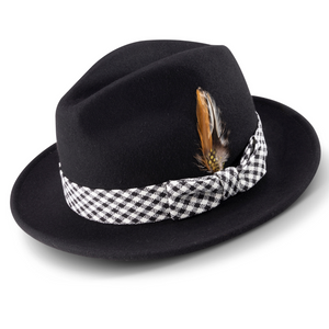 Blotchy Collection: Montique Black 2 ½" Brim Wool Pinch Fedora With Matching Plaid Ribbon Hat