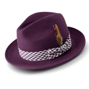 Blotchy Collection: Montique Plum 2 ½" Brim Wool Pinch Fedora With Matching Plaid Ribbon Hat