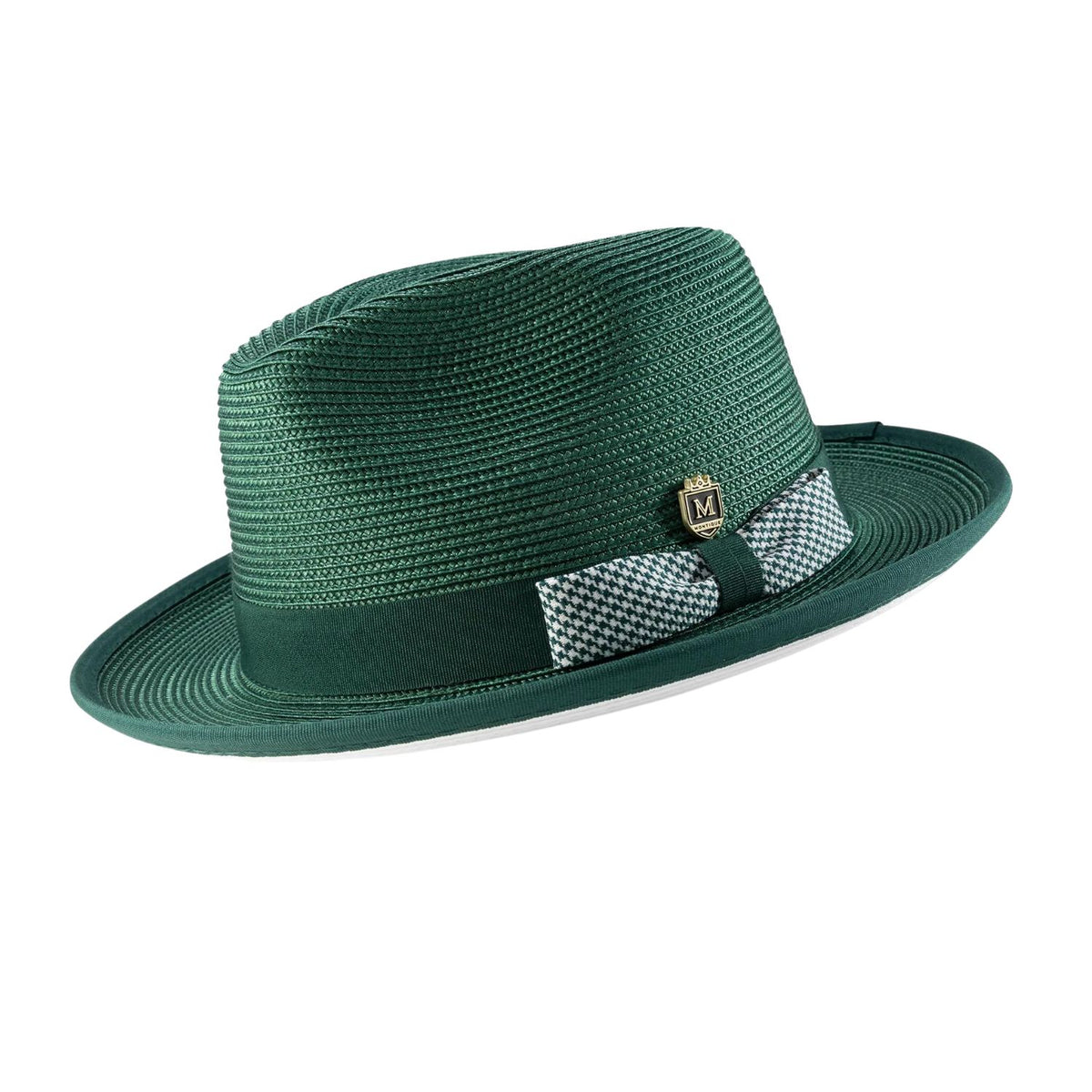 Emerald White Bottom Braided Pinch Fedora Hat with Houndstooth Ribbon ...