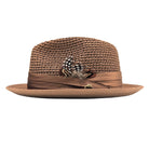 Cappuccino Montique fedora hat side view with open weave crown, satin ribbon band, logo pin, and clean white brim