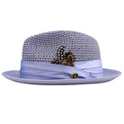Lilac Montique fedora hat side view with open weave crown, satin ribbon band, logo pin, and clean lilac brim