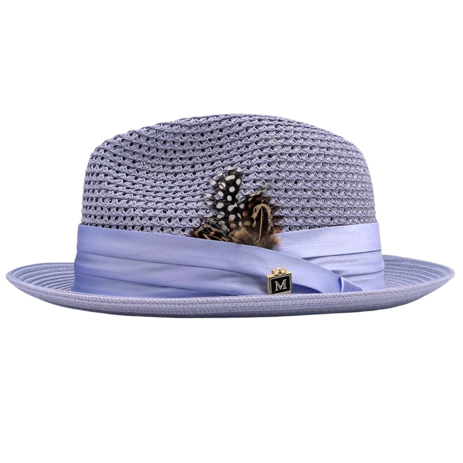 Lilac Montique fedora hat side view with open weave crown, satin ribbon band, logo pin, and clean lilac brim